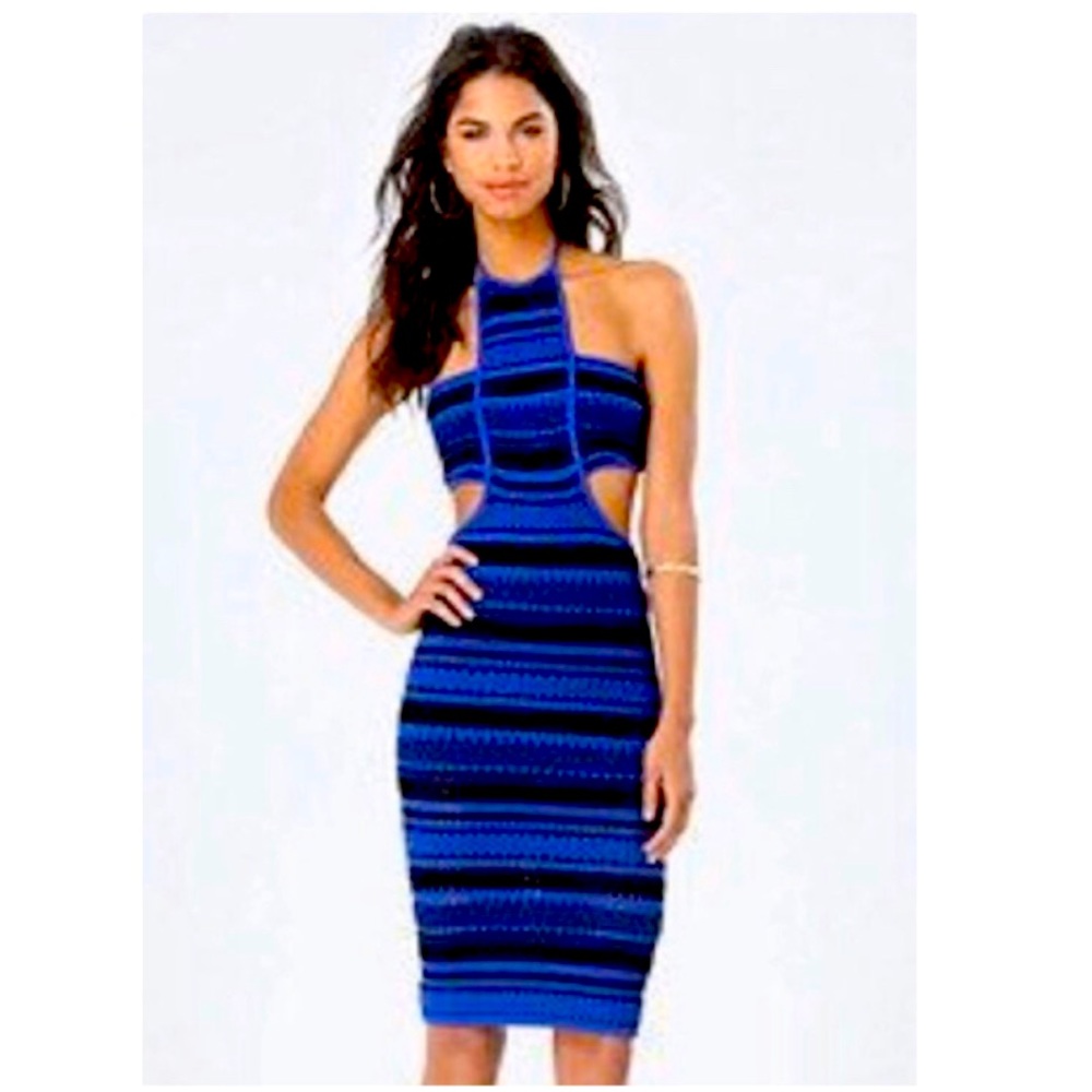 BEBE brand new bandeau midi dress! Black and blue knit halter w/tags. Never Worn